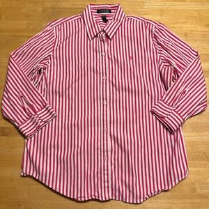 LaurenRalph Lauren Woman L Button Up Shirt Top Striped Pink White LikeNew